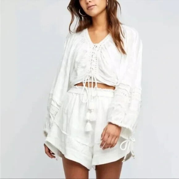Free People Tops - Free People Paloma Set Embroidered Lace Up Top + Pull On Shorts White L NWT